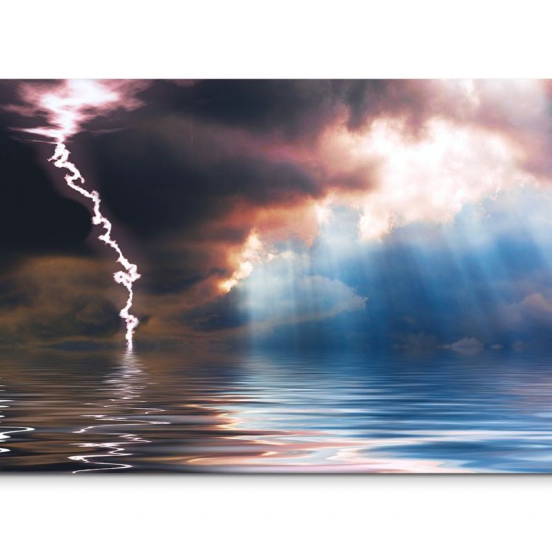 120x80cm Wandbild Meer Regen Blitze Wolken Sonnenlicht