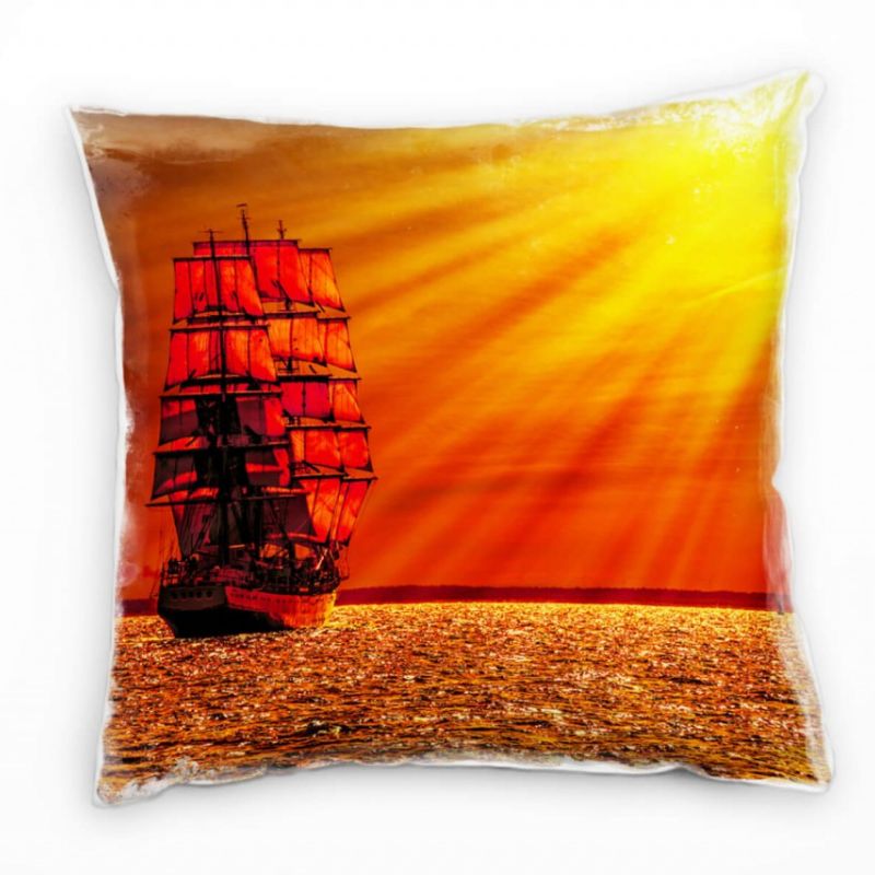 Strand und Meer, Schiff, Sonnenstrahlen, orange Deko Kissen 40x40cm für Couch Sofa Lounge Zierkissen