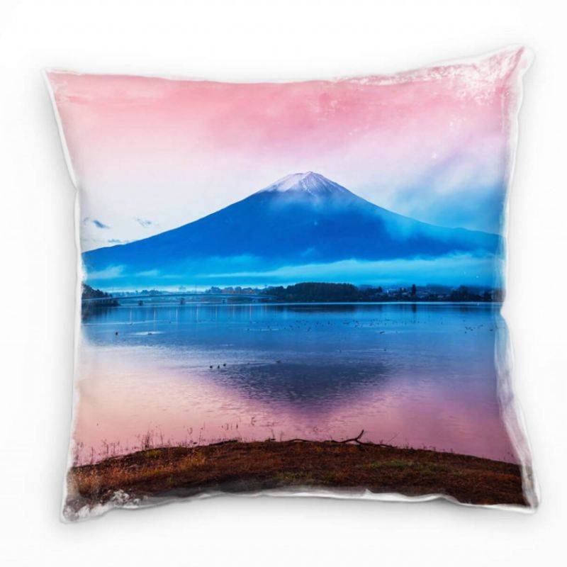 Seen, schneebedeckter Berg, Japan, rosa, blau Deko Kissen 40x40cm für Couch Sofa Lounge Zierkissen