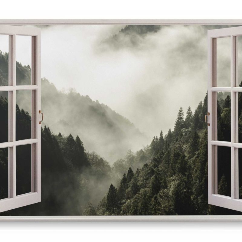 Wandbild 120x80cm Fensterbild Tannenwald Wald Nebel Berge Gebirge Natur