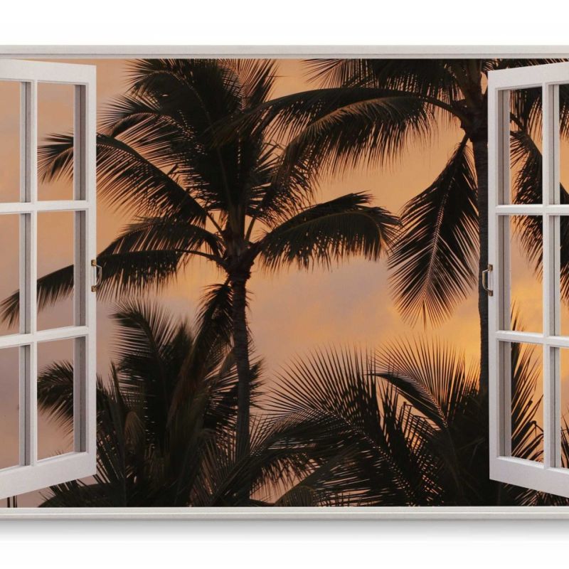 Wandbild 120x80cm Fensterbild Palmen Abenddämmerung Sonnenuntergang Süden