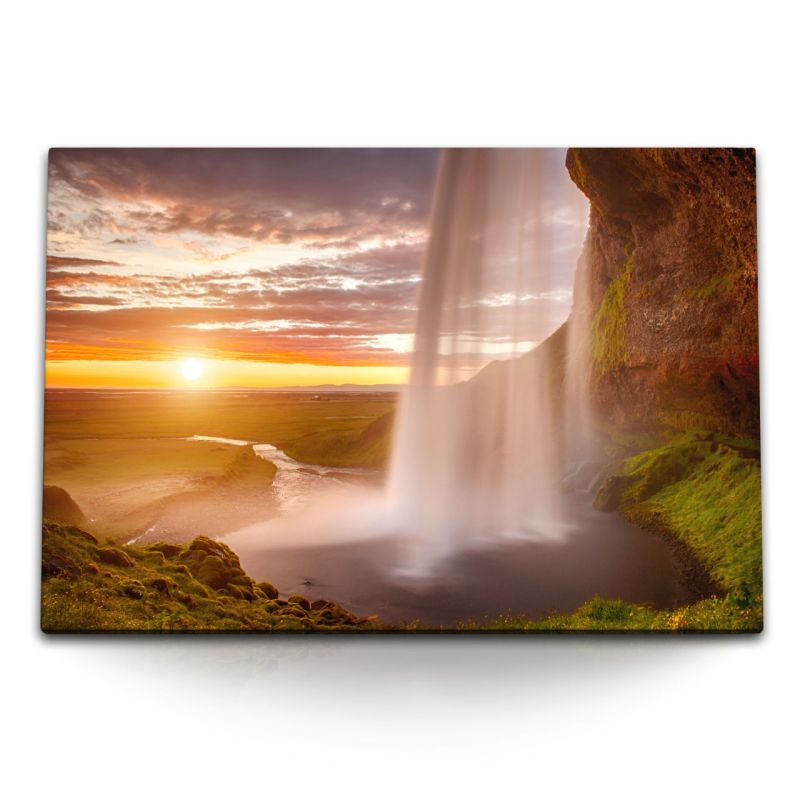 120x80cm Wandbild auf Leinwand Wasserfall Island Seljalandsfoss Sonnenuntergang Abendrot