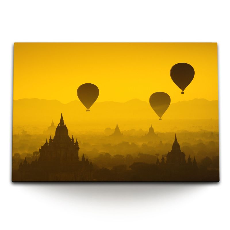 120x80cm Wandbild auf Leinwand Heißluftballons roter Himmel Abendrot Myanmar Tempel