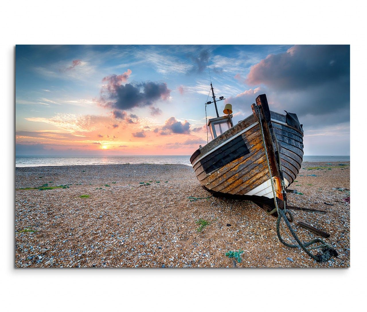 120x80cm Wandbild Steinstrand Meer Holzboot Sonnenaufgang