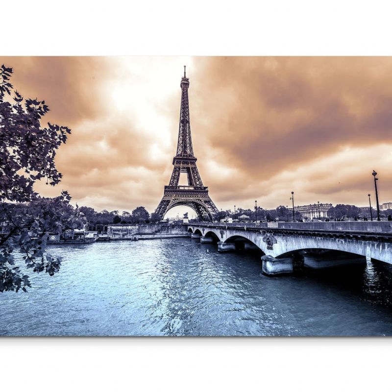 120x80cm Wandbild Paris Eiffelturm Seine Brücke Winter Wolken