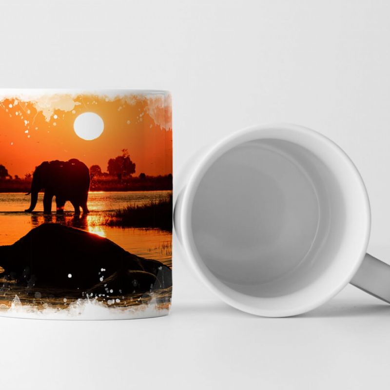 Tasse Geschenk Tierfotografie – Badende Elefanten beim Sonnenaufgang