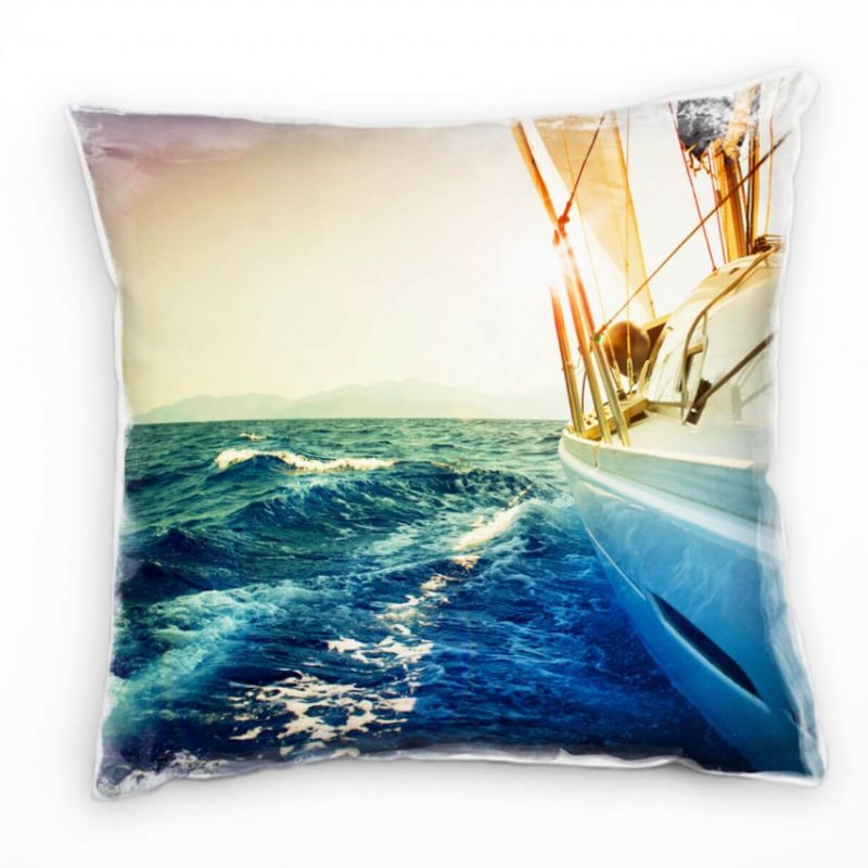 Meer, blau, orange, Segelboot im Sonnenuntergang Deko Kissen 40x40cm für Couch Sofa Lounge Zierkisse