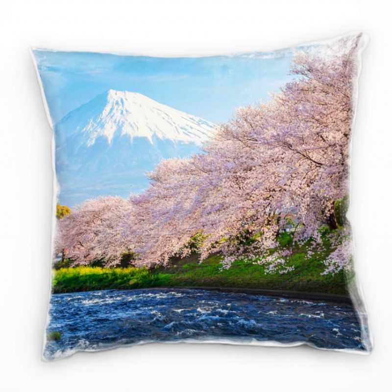 Landschaft, Kirschblüten, schneebedeckter Berg Deko Kissen 40x40cm für Couch Sofa Lounge Zierkissen