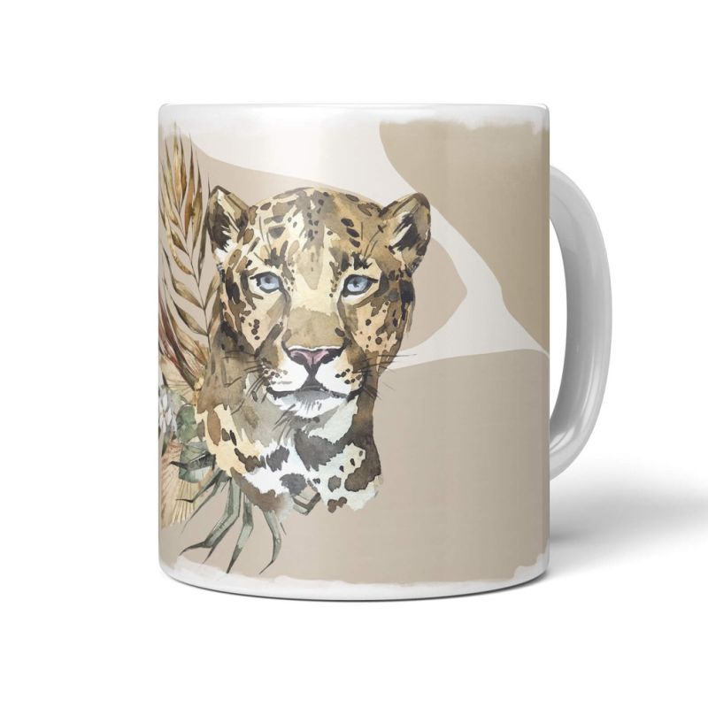 Tasse Porzellan Tier Motiv Jaguar Raubkatze Blumen Pflanzen Kunstvoll