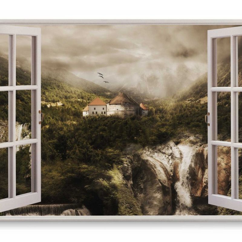 Wandbild 120x80cm Fensterbild Berge Wasserfall Kloster Schloss Nebel Natur