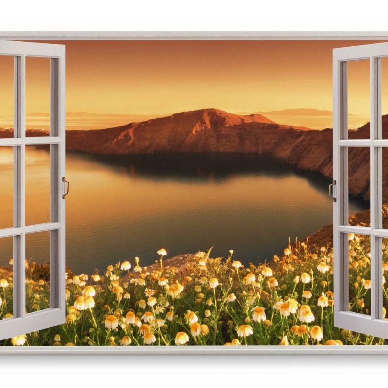 Wandbild 120x80cm Fensterbild Meer Küste Berge Blumen Sonnenuntergang