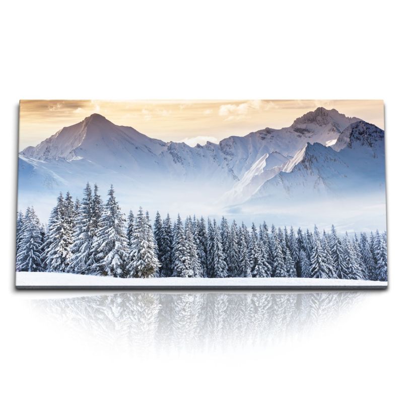 Kunstdruck Bilder 120x60cm Winterlandschaft Tannen Schnee Berge Natur