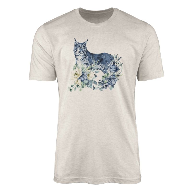 Herren Shirt 100% gekämmte Bio-Baumwolle T-Shirt  Aquarell Luchs Blumen Motiv Nachhaltig Ökomode aus