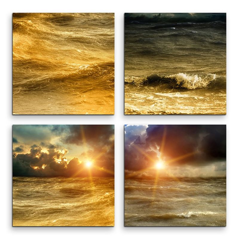 4 teiliges Leinwandbild je 30x30cm  –  Sonnenuntergang Meer Wasser Wellen Sommer