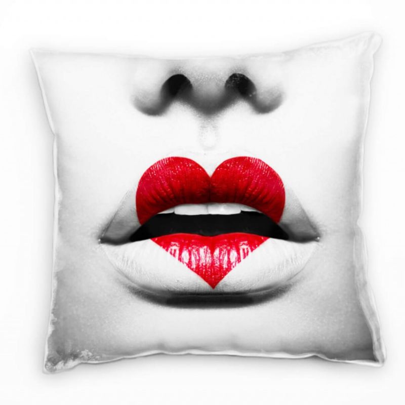 Macro, schwarz, weiß, rot, Lippen, Herz, Frau Deko Kissen 40x40cm für Couch Sofa Lounge Zierkissen