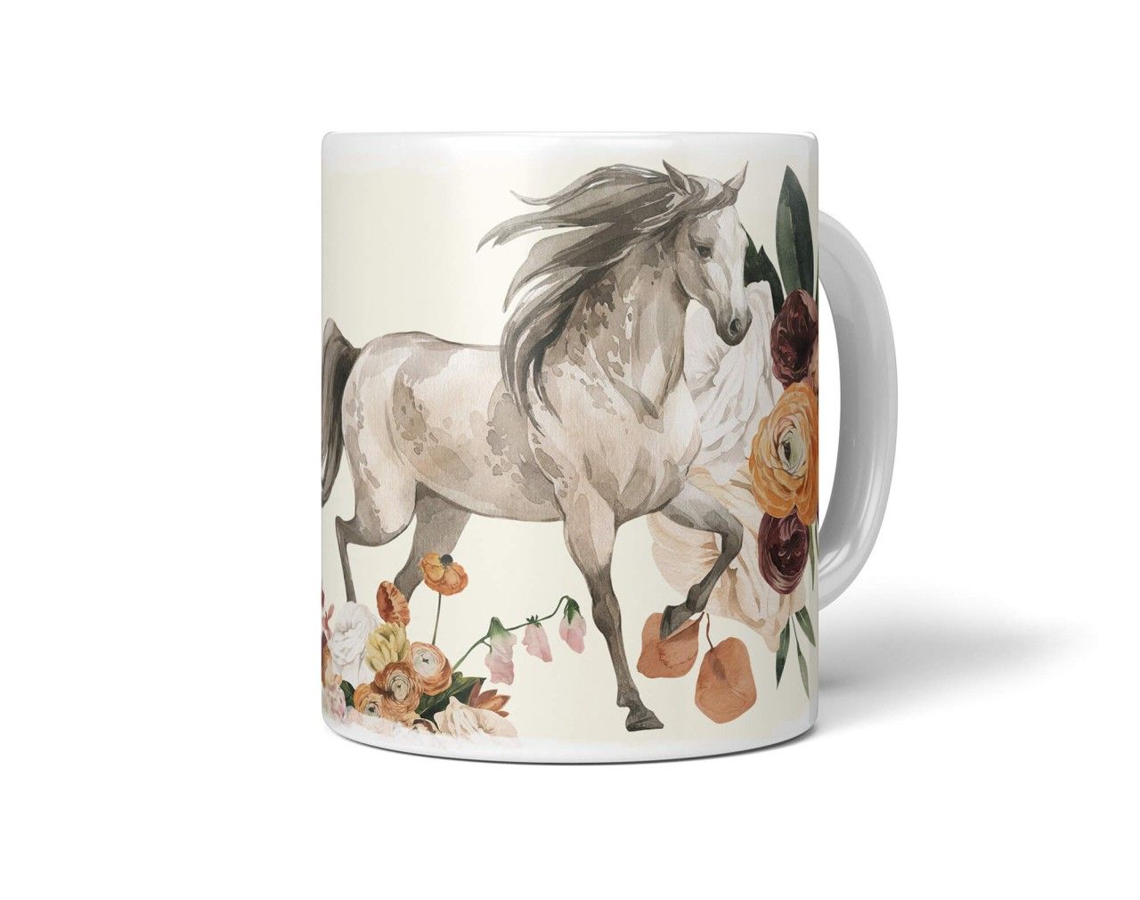 Tasse Porzellan Tier Motiv Pferd Blumen Blüten Kunstvoll Flora Romantisch