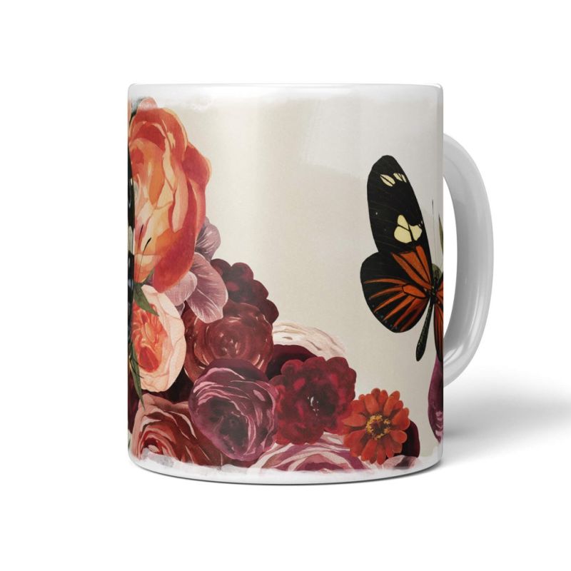 Dekorative Tasse mit schönem Motiv Schmetterlinge Blumen Blüten Rosen Blumenstrauß