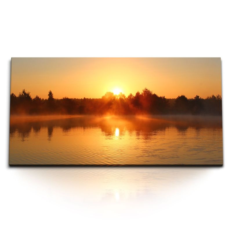 Kunstdruck Bilder 120x60cm See Natur Sonnenaufgang Morgenrot Morgentau Nebel