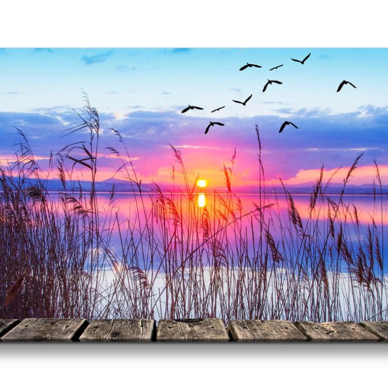 Leinwandbild 120x60cm Großer See Steg Vögel Natur Idyllisch Traumhaft Abendröte