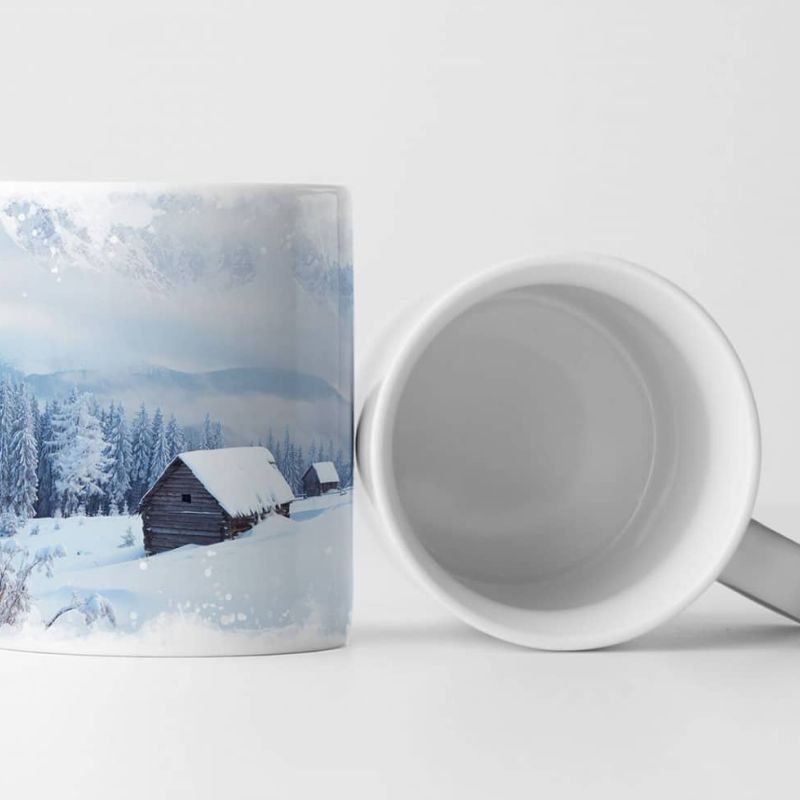 Tasse Geschenk Landschaftsfotografie – Winterlandschaft mit Hütten im Bergtal