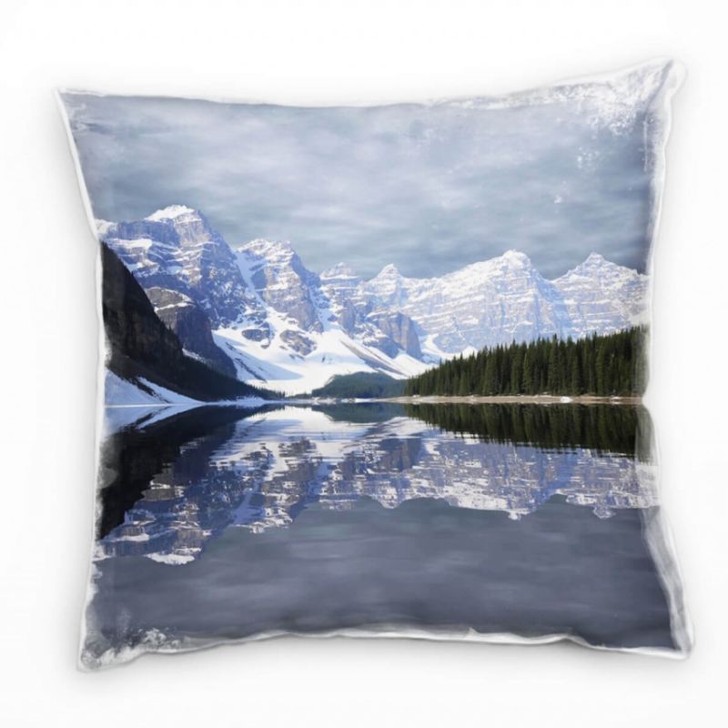 Seen, schneebedeckte Berge, Wald, grau, grün Deko Kissen 40x40cm für Couch Sofa Lounge Zierkissen