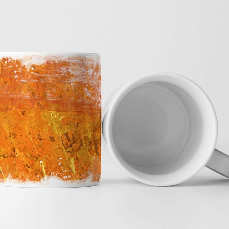 Tasse Geschenk orange-gelbe Abstraktion + hellbraune Farbspritzer