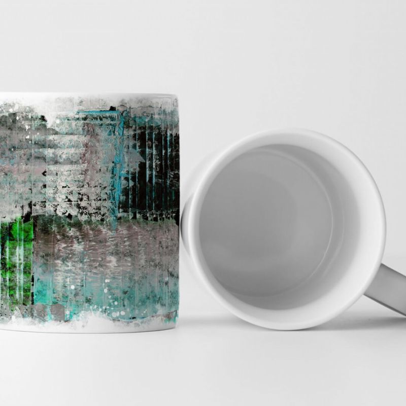 Tasse Geschenk hellgrau, waldgrün, schwarze, cyan farbige Abstraktion