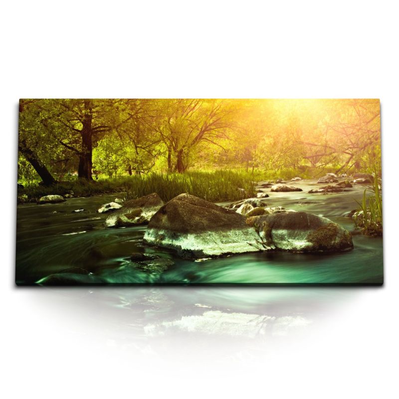 Kunstdruck Bilder 120x60cm Fluss im Wald Natur Felsen Steine Sonnenuntergang