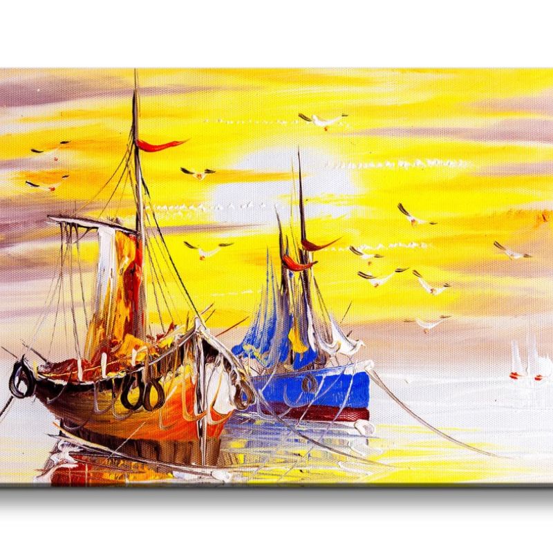 Leinwandbild 120x60cm Segelschiffe Meer Möwen Malerisch Kunstvoll Sonnenuntergang