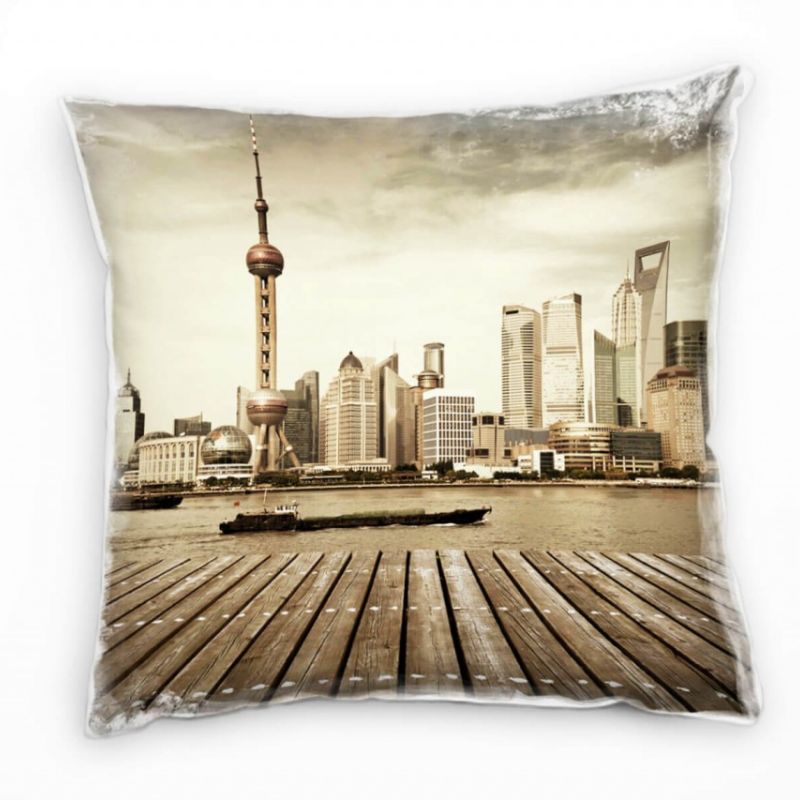 Urban und City, braun, grau, Shanghai, China Deko Kissen 40x40cm für Couch Sofa Lounge Zierkissen