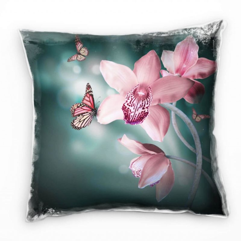 Blumen, Tiere, rosa, türkis, Orchidee, Schmetterlinge Deko Kissen 40x40cm für Couch Sofa Lounge Zier