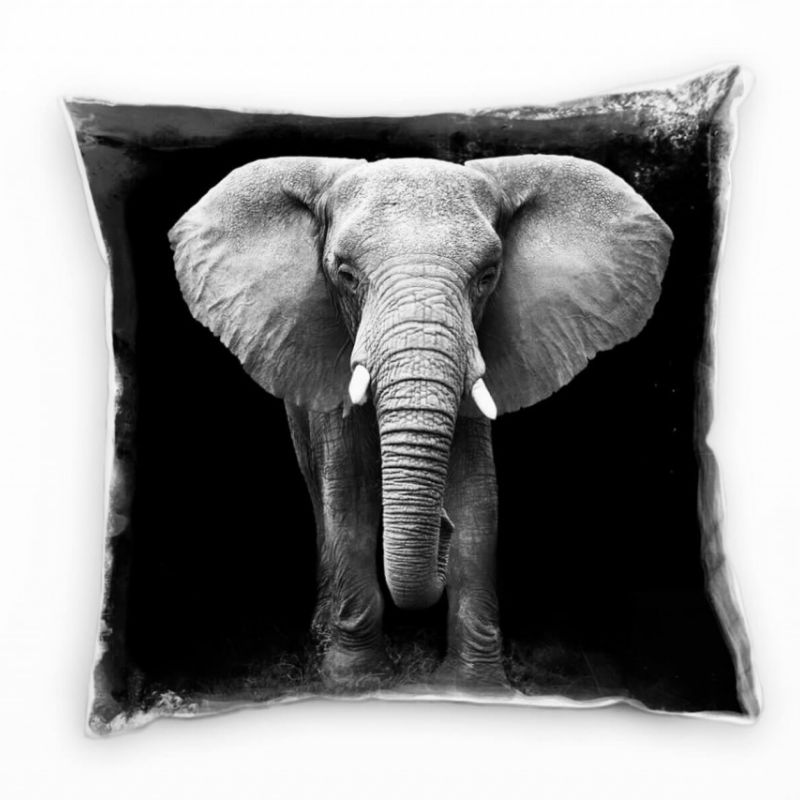 Tiere, schwarz, weiß, Elefant im Gehen von vorne Deko Kissen 40x40cm für Couch Sofa Lounge Zierkisse