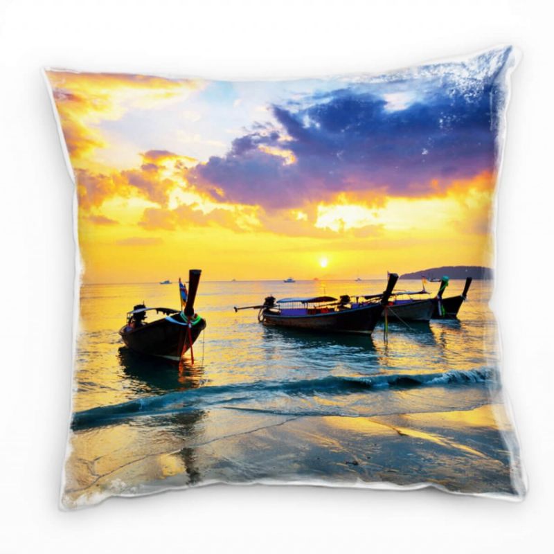 Strand und Meer, orange, blau, Boote, Sonnenuntergang Deko Kissen 40x40cm für Couch Sofa Lounge Zier