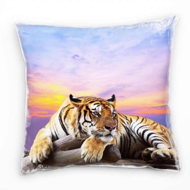 Tiere, bunt, liegender Tiger, Sonnenuntergang Deko Kissen 40x40cm für Couch Sofa Lounge Zierkissen