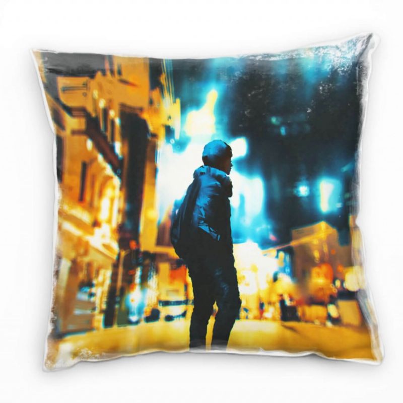 Illustration, City, Nacht, Mann, orange, blau Deko Kissen 40x40cm für Couch Sofa Lounge Zierkissen