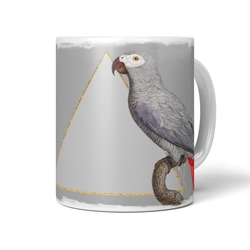 Dekorative Tasse mit schönem Vogel Motiv grauer Papagei einzigartiges Design Gold Dreieck