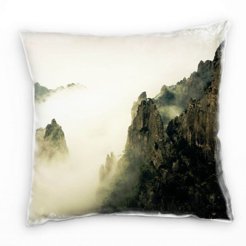 Landschaft, braun, Nebel, Berge, China Deko Kissen 40x40cm für Couch Sofa Lounge Zierkissen