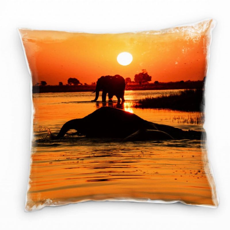 Tiere, badende Elefant, Sonnenuntergang, orange Deko Kissen 40x40cm für Couch Sofa Lounge Zierkissen