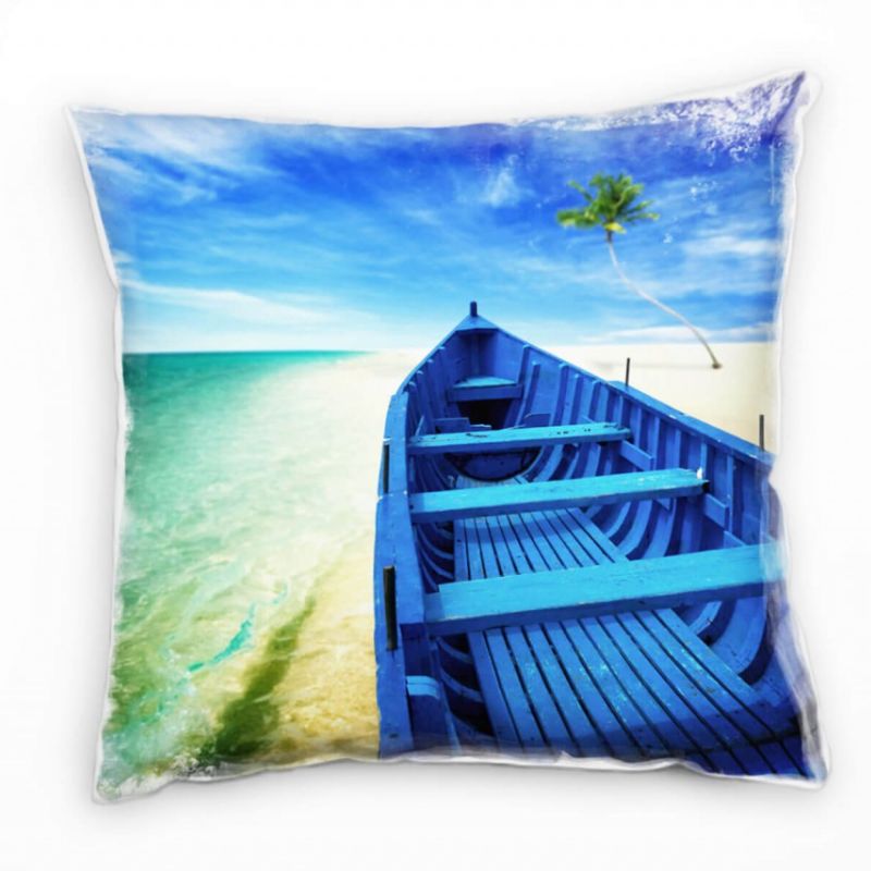 Strand und Meer, blau, Boot am Strand Deko Kissen 40x40cm für Couch Sofa Lounge Zierkissen