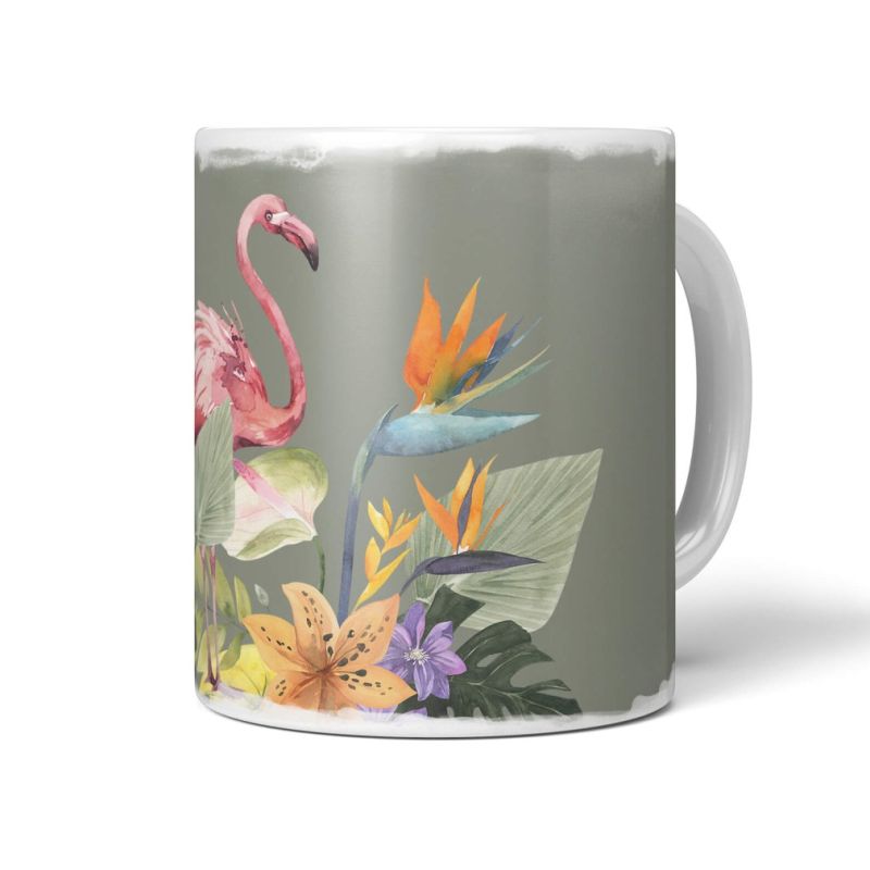 Dekorative Tasse mit schönem Vogel Motiv Flamingo Blumen Exotisch Tropisch Kunstvoll Südsee