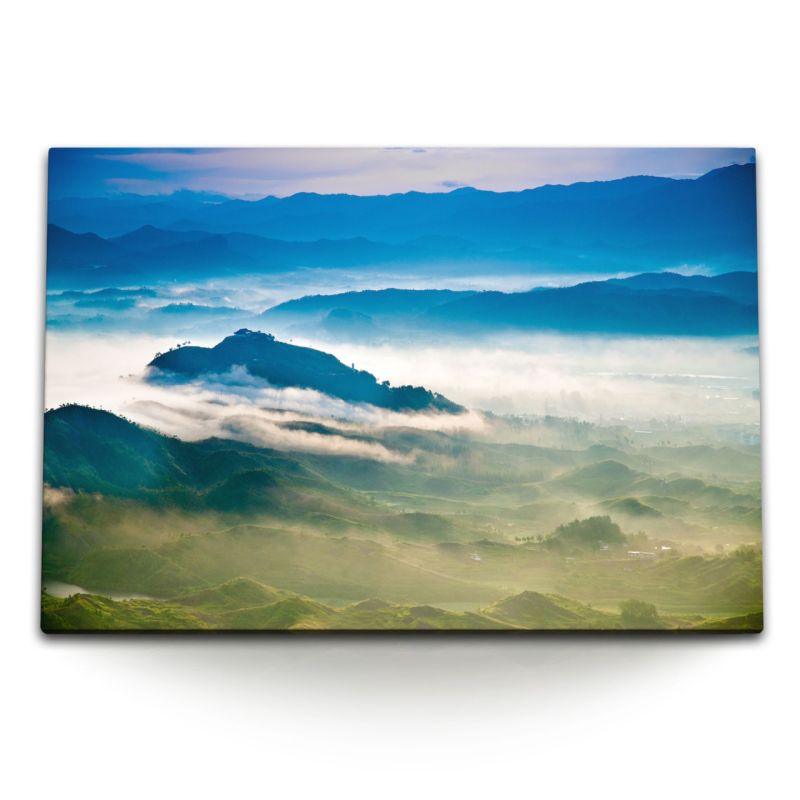 120x80cm Wandbild auf Leinwand Berge Berglandschaft Natur Nebel Blau Morgentau