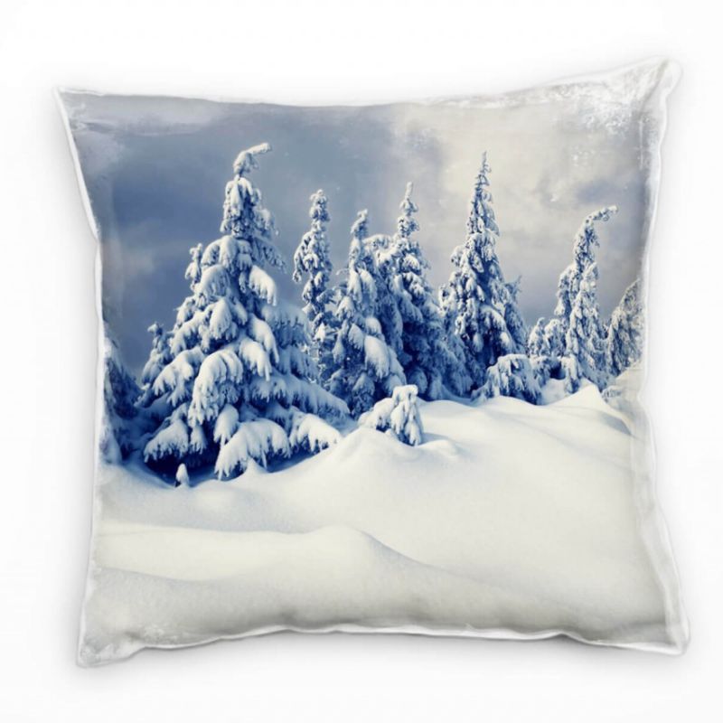 Winter, weiß, grau, schneebedeckte Nadelbäume Deko Kissen 40x40cm für Couch Sofa Lounge Zierkissen