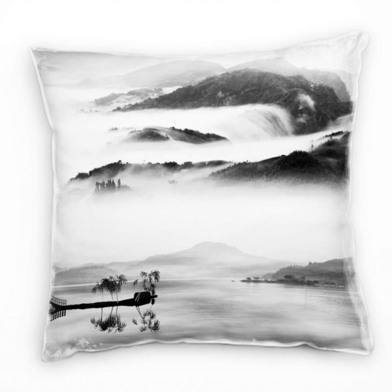 Landschaften, Seen, Brücke, grau, Berge, China Deko Kissen 40x40cm für Couch Sofa Lounge Zierkissen