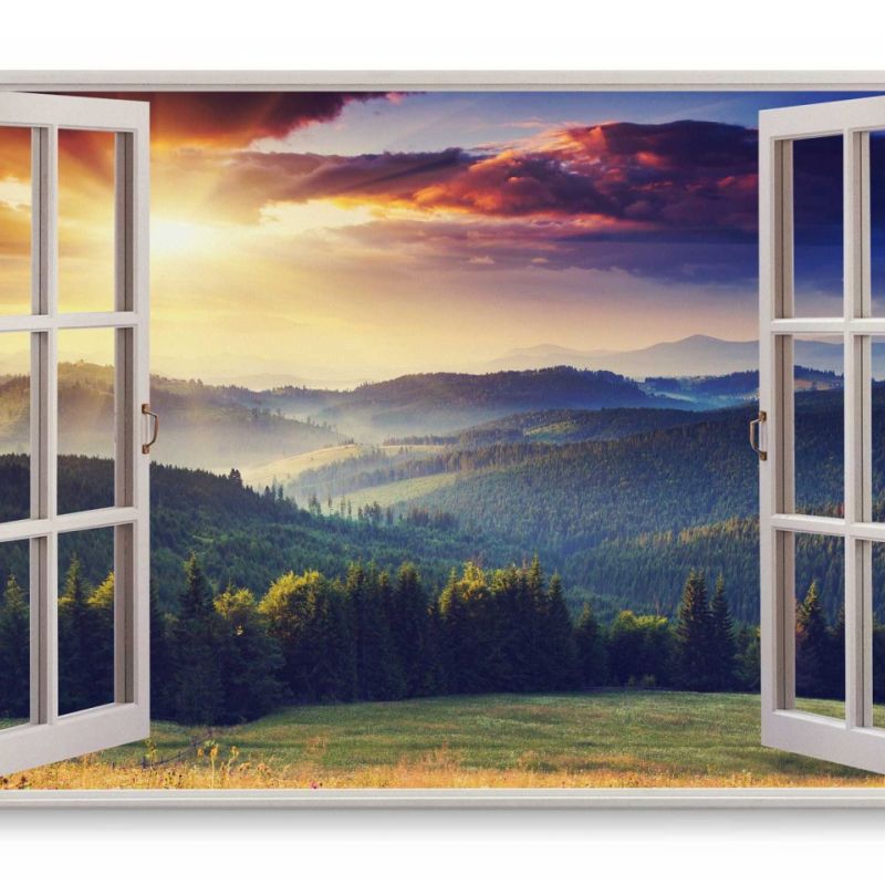 Wandbild 120x80cm Fensterbild Alpen Berge Sonnenuntergang Wald Grün Natur