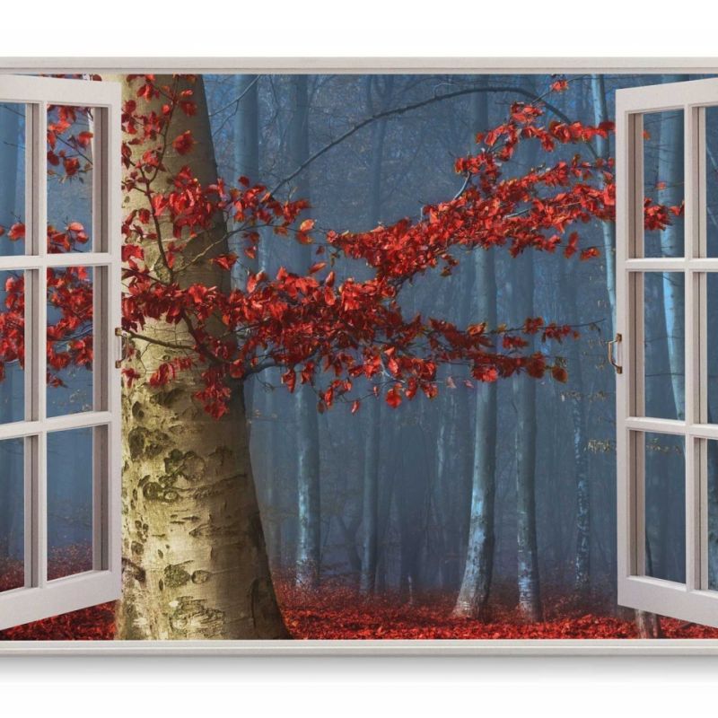 Wandbild 120x80cm Fensterbild Alte Birke Herbst Herbstblätter Wald Natur Rot