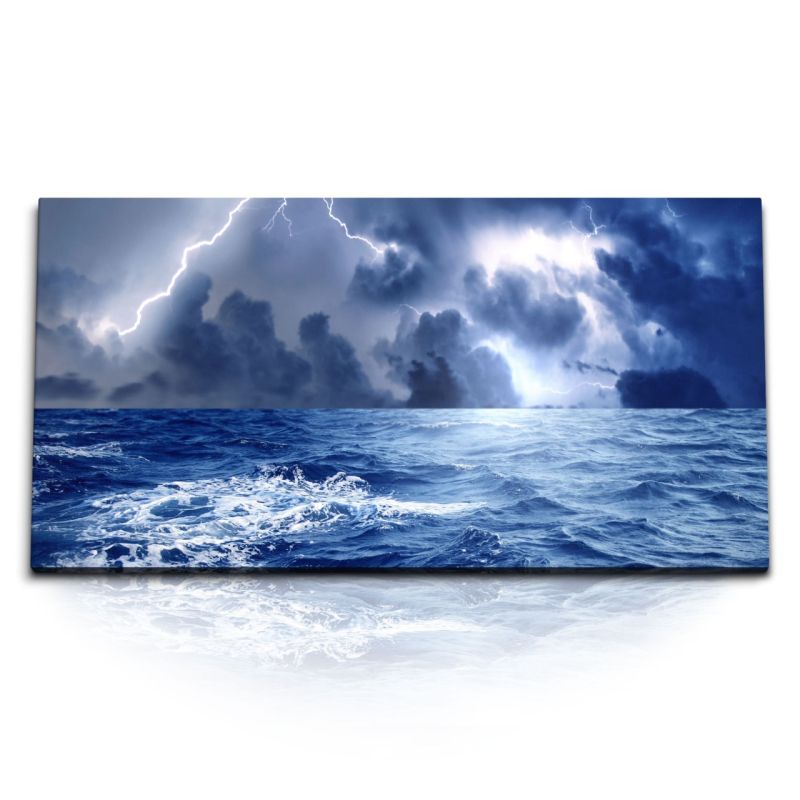 Kunstdruck Bilder 120x60cm Ozean Wellen Sturm Blitz Horizont Meer Wolken