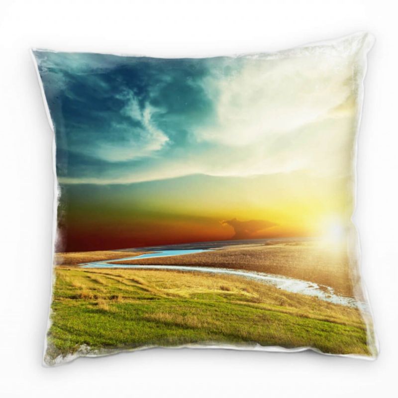 Landschaft, gelb, blau, grün, Sonnenuntergang, Wiese Deko Kissen 40x40cm für Couch Sofa Lounge Zierk