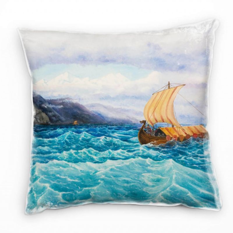 Meer, blau, braun, weiß, orange, Wikinger Boot, gemalt Deko Kissen 40x40cm für Couch Sofa Lounge Zie