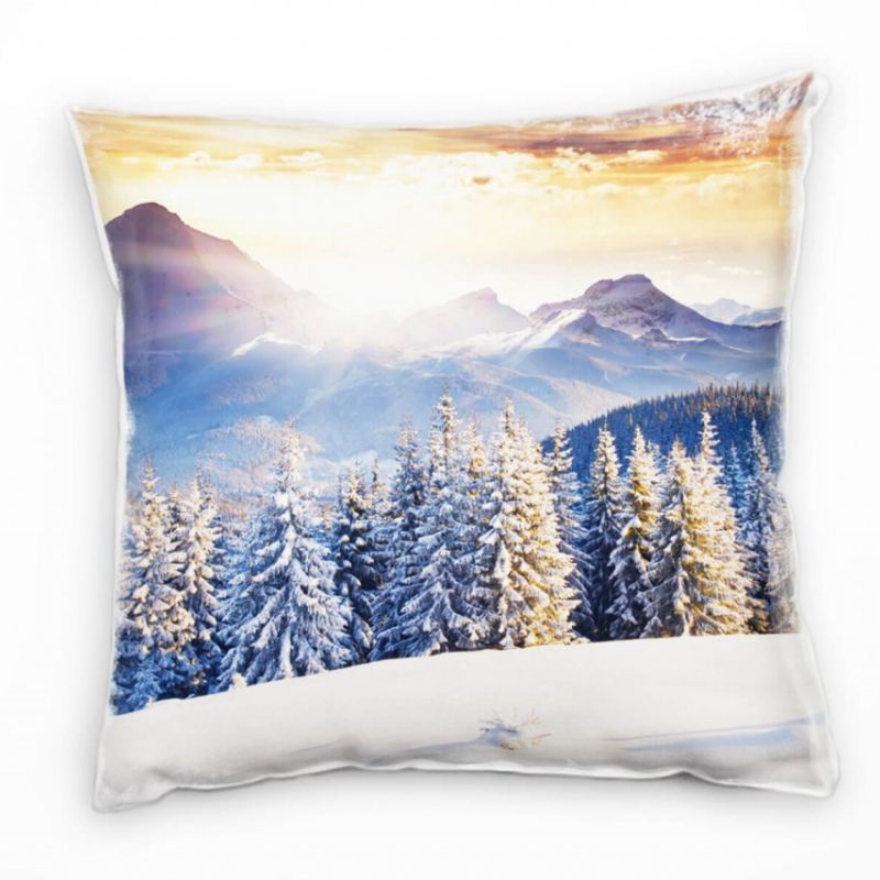 Winter, weiß, orange, schneebedeckte Berge, Wald Deko Kissen 40x40cm für Couch Sofa Lounge Zierkisse