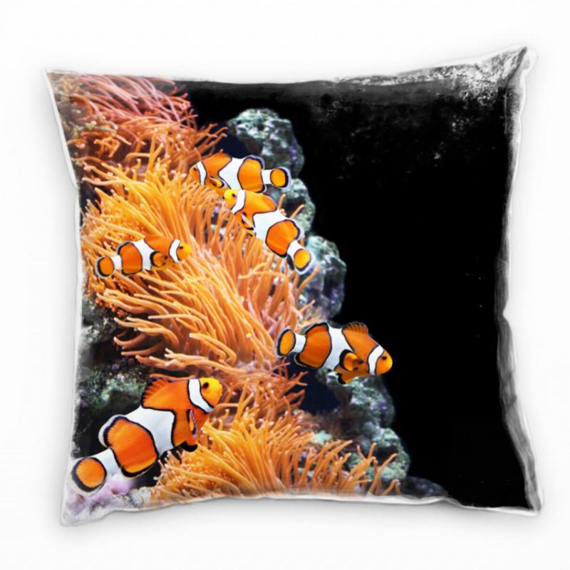 Tiere, Clownfische, Seeanemonen, orange, schwarz Deko Kissen 40x40cm für Couch Sofa Lounge Zierkisse